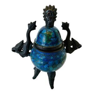 VTG Cloisonne Vessel‎ Incense Burner Censer Blue Green Enamel 2 Handle 3 Legs